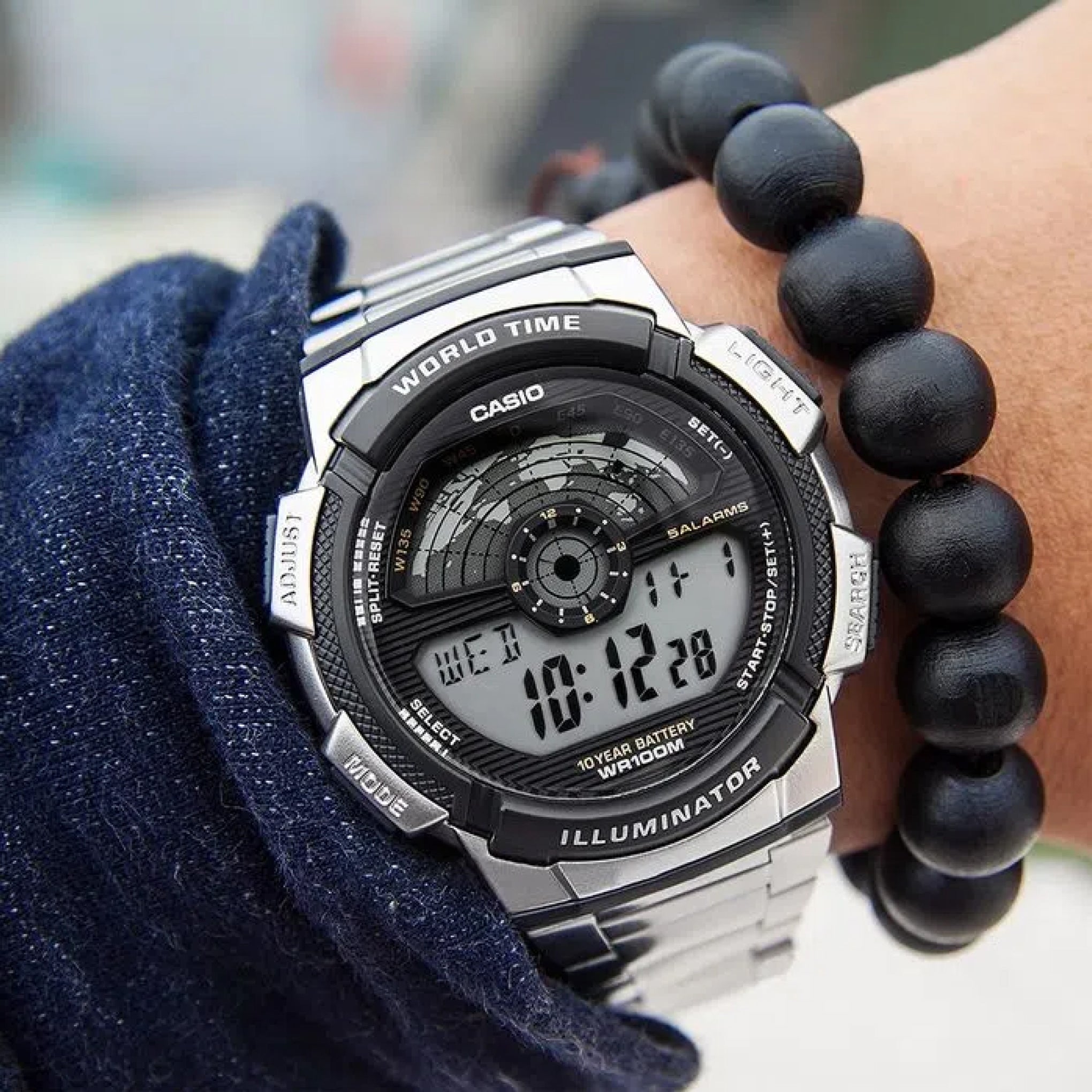 Close-up of Casio AE-1100WD with world time display