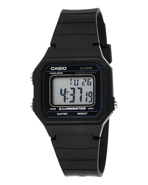 Casio W-217H-1AVDF digital watch front with black resin strap