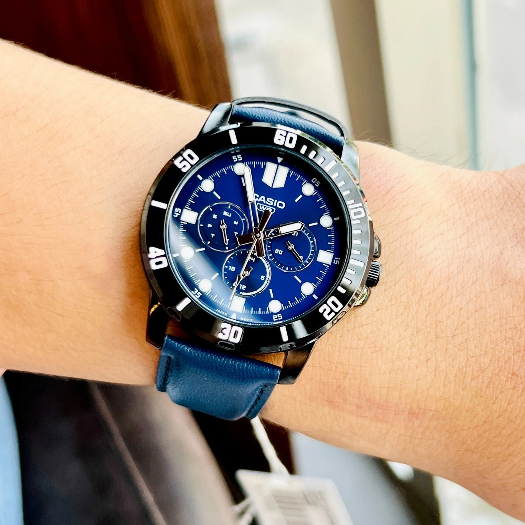 Close-up of chronograph sub-dials on Casio MTP-VD300BL-2EUDF