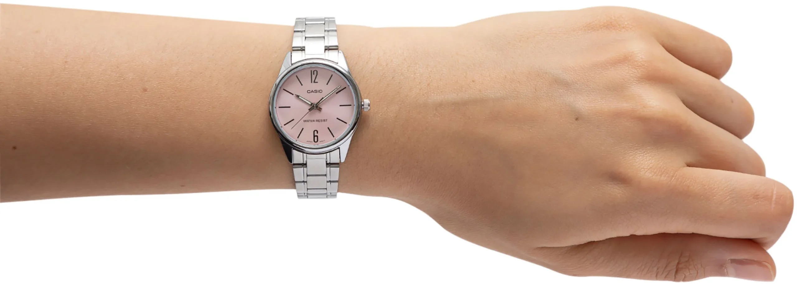 Elegant side profile of Casio pink analog watch