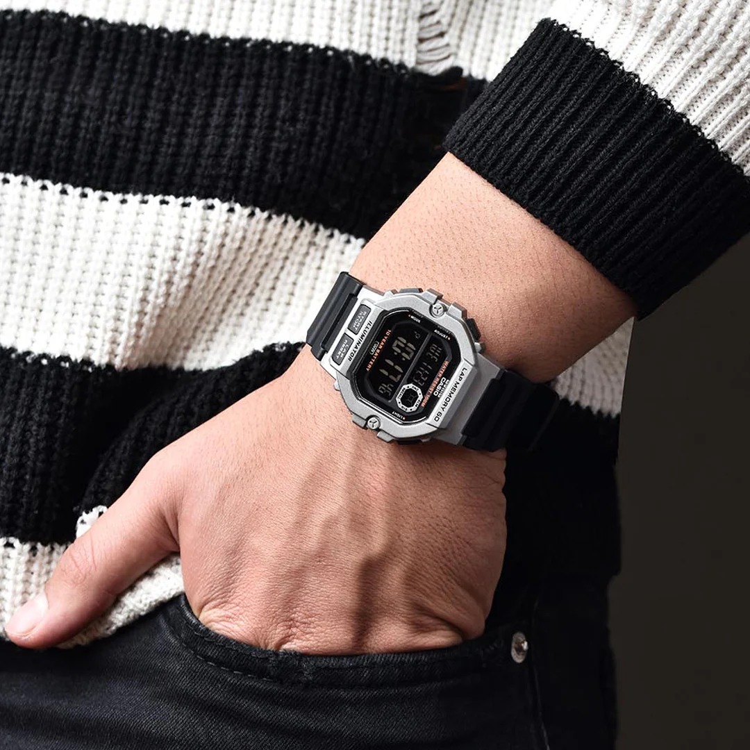 Side profile of rugged black Casio sports watch WS-1400H-1BVDF