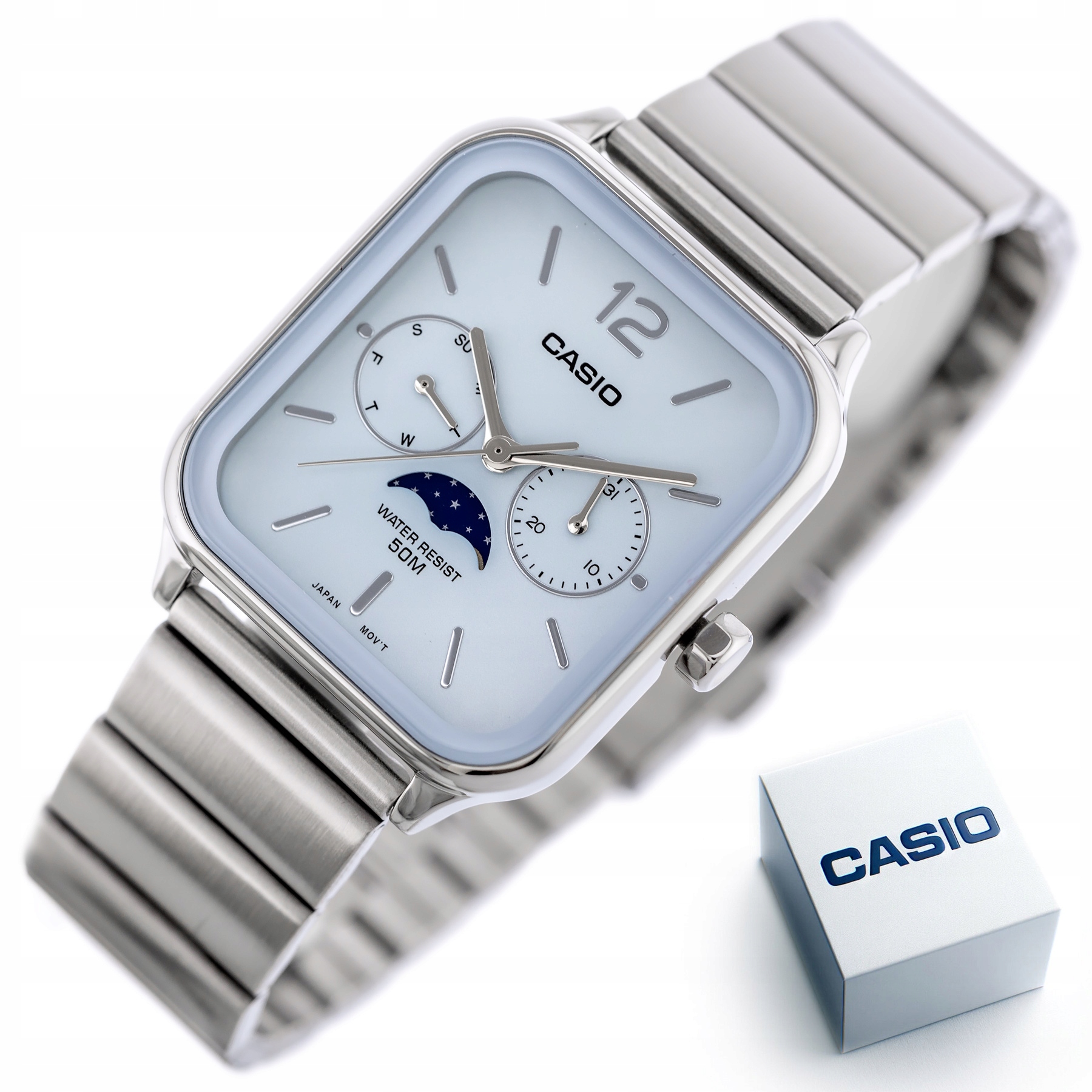 Side view of Casio watch with sub-dials and silver band