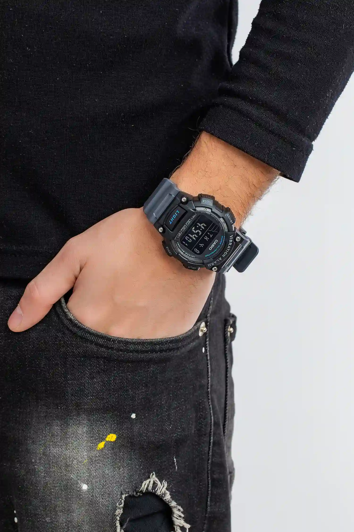 Side profile of Casio W-736H-8BVDF with durable gray resin band