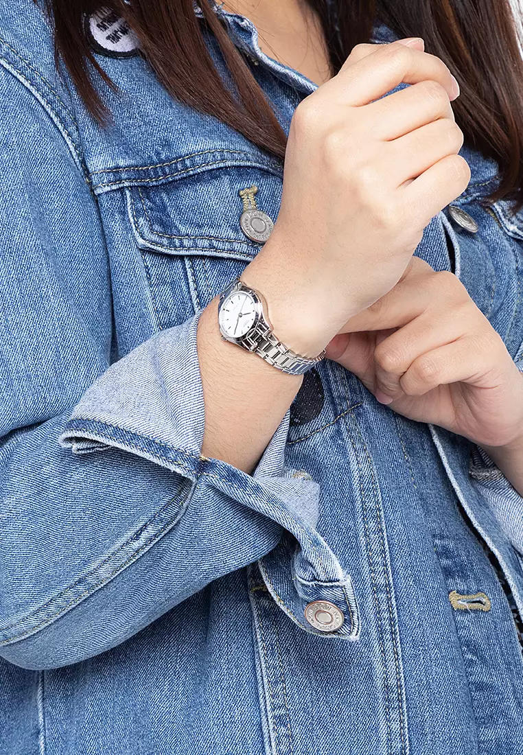 Elegant silver wristwatch with white face