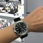 Side view of rugged Casio watch with resin band and stainless steel case