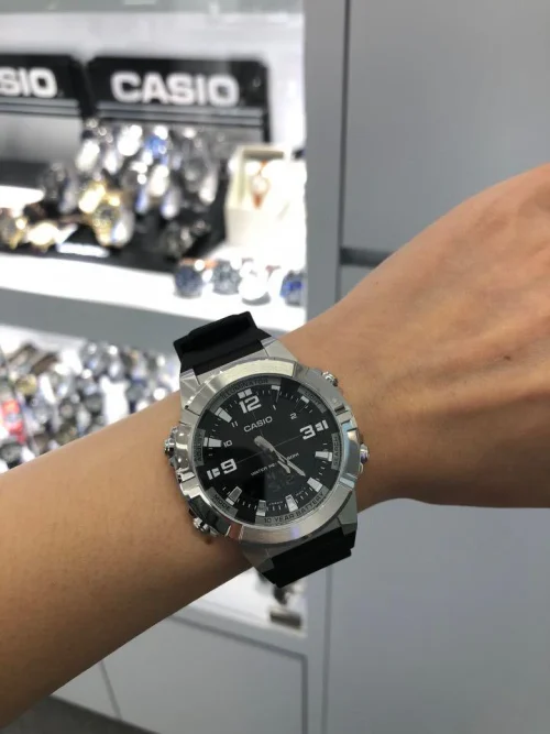 Side view of rugged Casio watch with resin band and stainless steel case