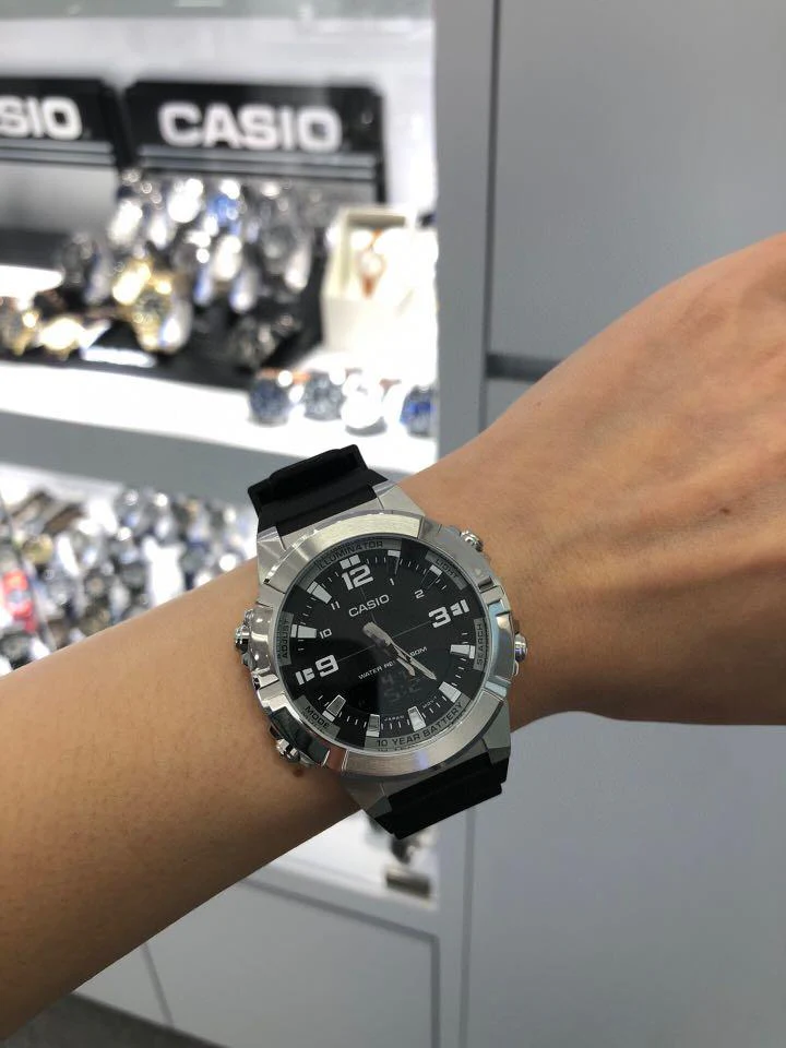 Side view of rugged Casio watch with resin band and stainless steel case