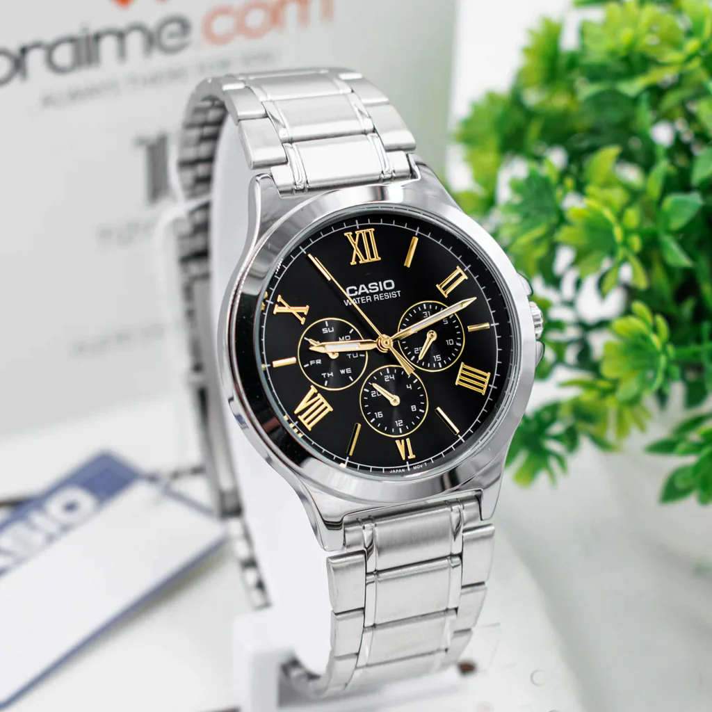 Side view of Casio stainless steel chronograph watch