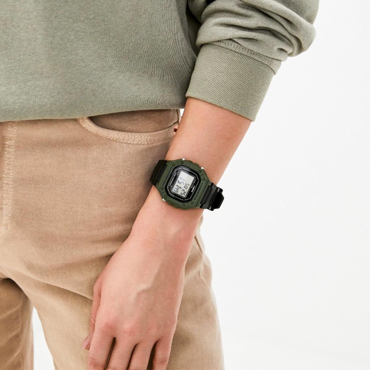 Side view of rugged military-style Casio W-218H watch
