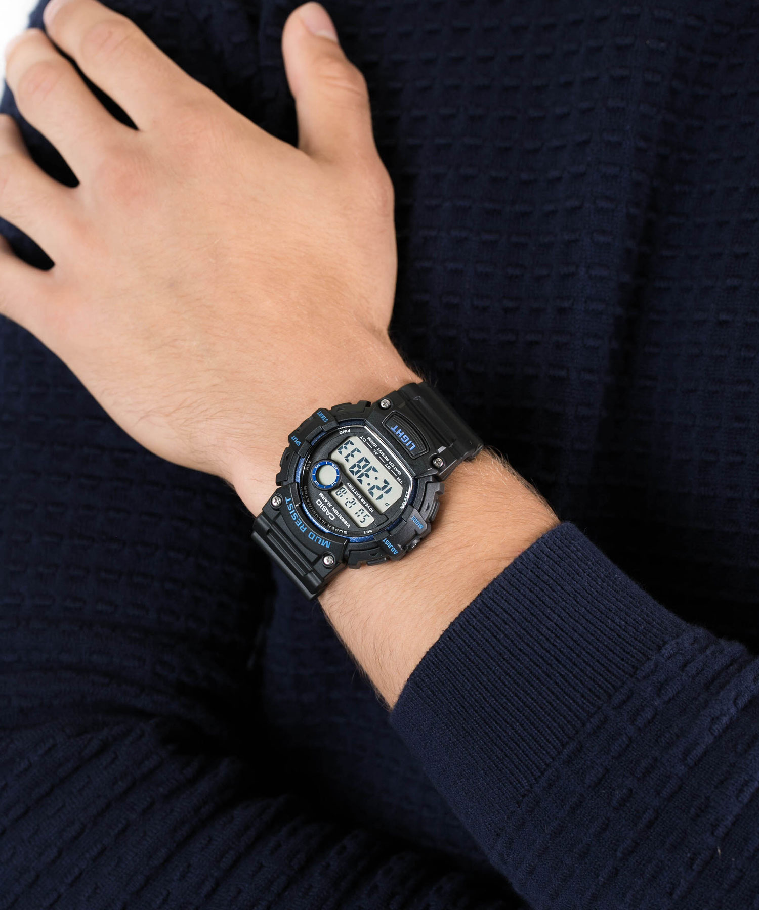 Front view of Casio W-736H-2AVDF showing digital display and blue strap