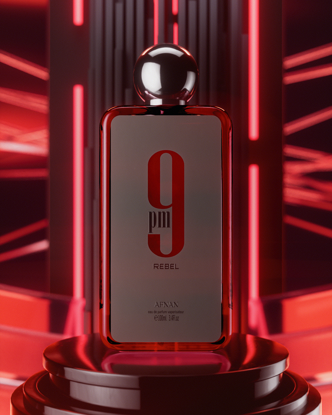 Close-up of Afnan 9PM Rebel fragrance bottle design