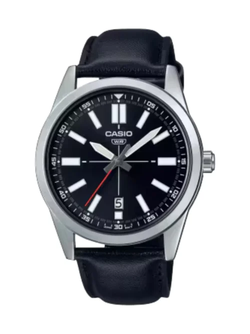 Casio MTP-VD02L-1EVDF Men’s Analog Watch with Black Dial and Brown Leather Strap