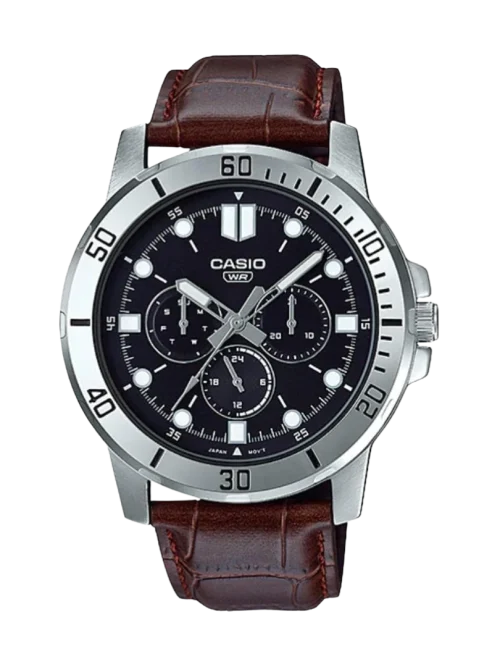 Casio MTP-VD300L-1EUDF Men’s Chronograph Watch with Black Dial and Brown Leather Strap