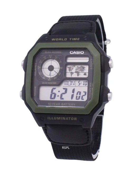 Casio AE-1200WHB-1BVDF Digital World Time Watch with Green Fabric Strap